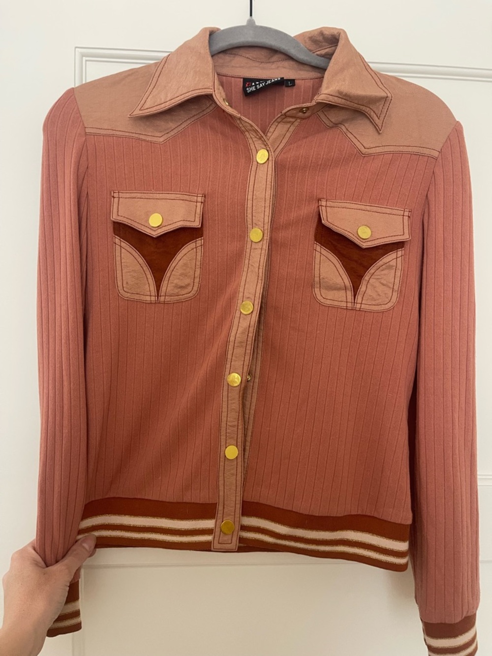 Vintage 70s Ribbed Button Western Style Shirt Jacket — Rust & Tan